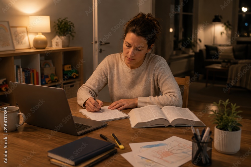 Obraz premium Female student studying at home, writing notes with a laptop and books on a wooden table, warm lighting creating a cozy atmosphere in the evening