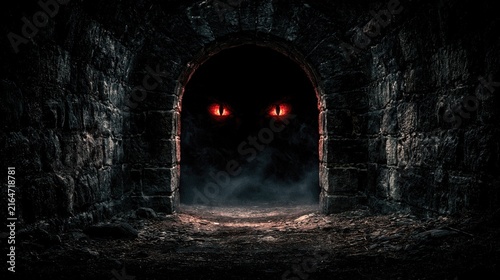 Cellar entrance with red eyes in stone archway, dark shadows, mist, broken ground, and eerie darkness suggesting Halloween horror, abandoned underground fear, gothic mystery