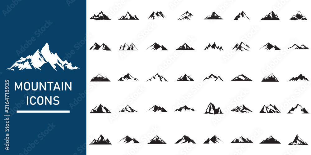 Fototapeta premium Peak logo mountain icon, mountain silhouette vector set for logo, hike travel illustration collection, rocky hills terrain, mountains silhouette for landscape design on transparent background.
