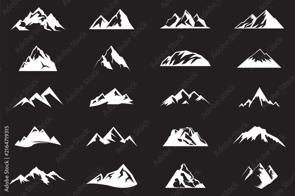Fototapeta premium Mountain peaks set vector illustration black silhouette shapes isolated on white background for outdoor adventure travel logo design elements and hiking icons.