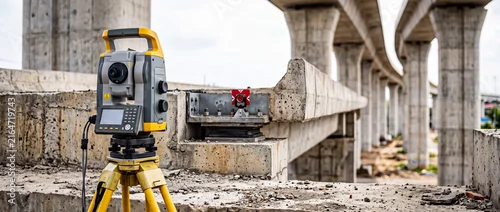 Panel kuchenny z motywem Surveying total station on tripod at concrete bridge construction site for civil engineering inspection