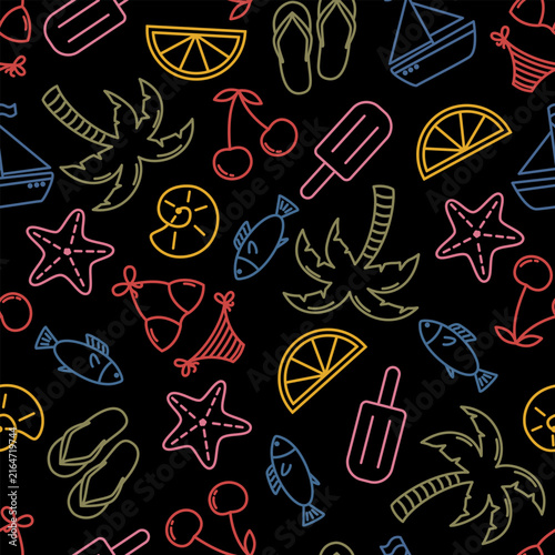 Seamless summer vector pattern with colorful elements. Fun pattern with various beach elements.