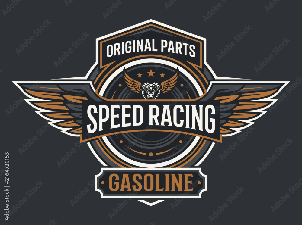 Fototapeta premium Retro Speed Racing Gasoline Emblem with Wings and Engine Parts