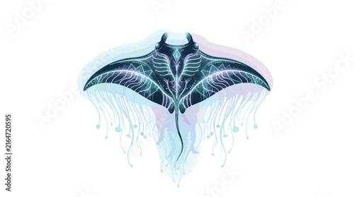 Manta ray swimming through surreal watercolor ocean depths with glowing bioluminescent patterns