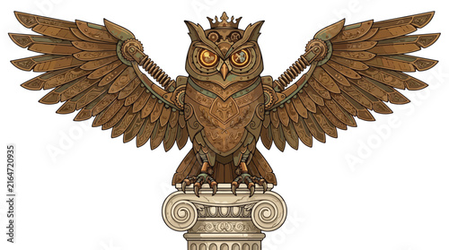 Mechanical owl with outstretched wings perched on stone pillar in steampunk fantasy style design
