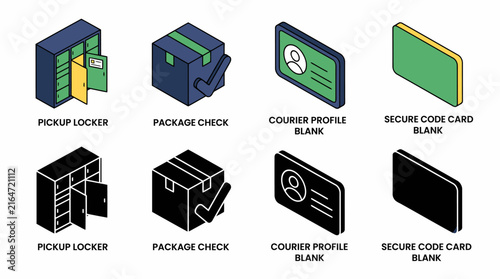 Various styles of pickup locker, package check, courier profile, and secure code card blanks