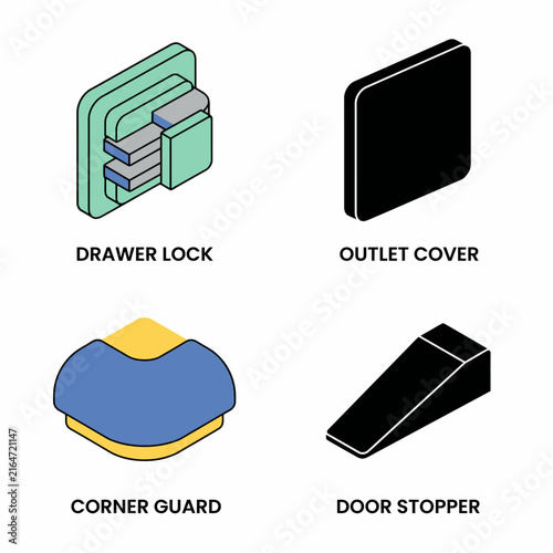 Drawer lock, outlet cover, corner guard, door stopper: essential safety items illustrated