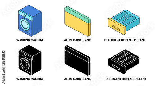 Isometric designs: washing machine, alert card, detergent dispenser variations