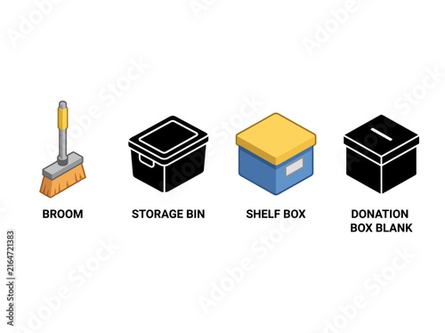 Organizational tools: broom, storage bin, shelf box, donation box graphics