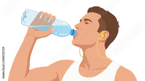Caucasian Athlete Drinking Water with Yellow Earbuds
