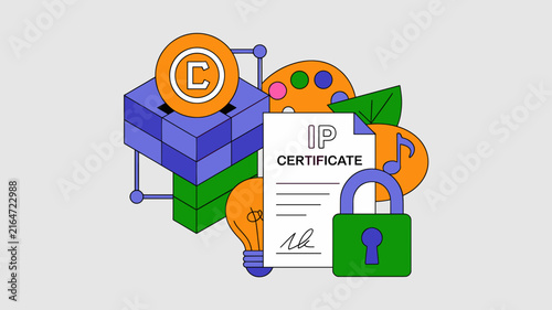 Intellectual property protection concept, IP certificate document with copyright symbol and padlock, digital asset security vector illustration