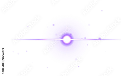 Purple glowing lens flare with starlight beam and bokeh dust particles isolated on white background