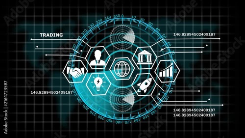 Advanced digital financial trading interface featuring global market analytics, real-time data visualization, business growth and futuristic hud radar for corporate investment presentations