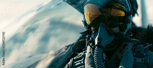 Front Facing Fighter Pilot in Cockpit at Sunset with Reflective Visor
