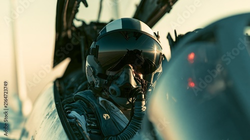 Close Up of Fighter Jet Pilot in Cockpit with Sunlit Visor