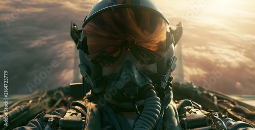 Close Up Fighter Jet Pilot Above Clouds with Reflective Helmet Visor