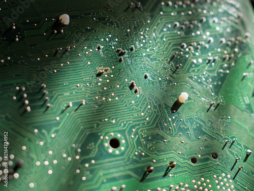 Obraz na plátne Circuit Board Close-Up with Electronic Components and Textures