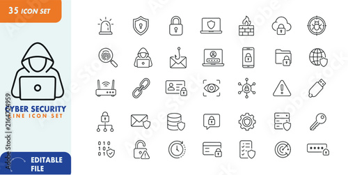 Cyber Security and Data Protection Line Icons Set – Editable Outline Vector Icons for Network, Privacy and Online Security