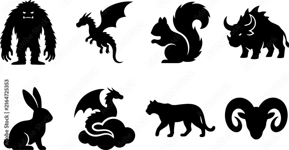 Obraz premium Set of black silhouettes of various animals and mythical creatures
