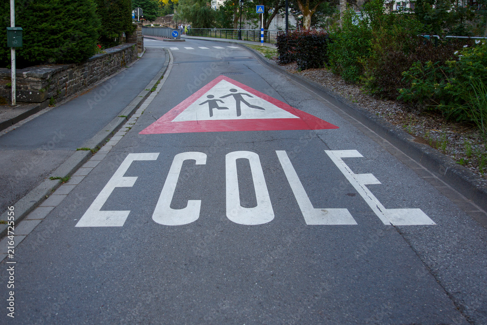 Obraz premium Translation: School. A longitudinal road warning sign indicating a school; it is typically painted on the road surface to mark the proximity of a school to the public roadway.