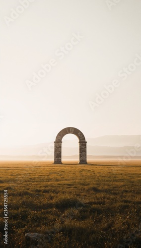 Generative AI creates a surreal landscape with a lone stone archway in an open field