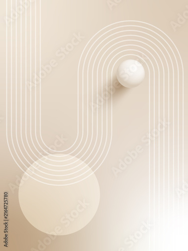 Vertical nude gradient background with 3D sphere elements, boho style details and line arch shapes. Warm beige and pearl tones create elegant social media vector designs.