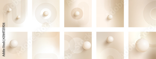 Set of square nude gradient backgrounds with warm beige, cream and pearl tones. Abstract 3D spheres, boho details and elegant line arch elements create modern vector designs for social media posts.
