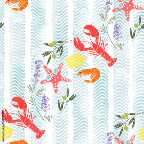 Mediterranean vibe. Stylish vector pattern with waves, cartoon starfish in sunglasses, lobster, shrimp, lavender, olive branches, and lemon. Color. Perfect for design templates, wallpaper, wrapping