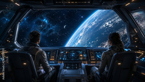 Two Astronauts Inside a Futuristic Spacecraft Cockpit Overlooking a Blue Planet in Deep Space
