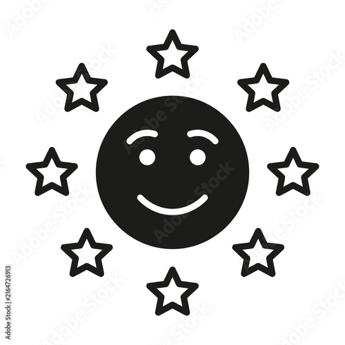 Smiling face with stars around it symbolizing happiness and success