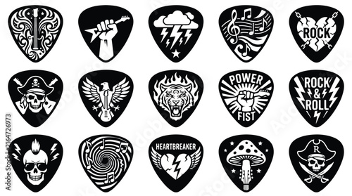Guitar pick set with rock music symbols and icons for custom instrument design