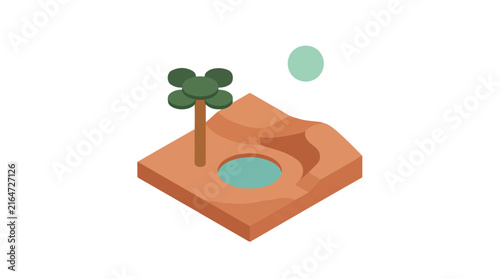 Desert oasis with palm tree and water pond in isometric vector illustration style
