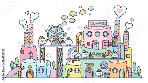 Cute cartoon factory producing fluffy clouds with little characters in pastel colors