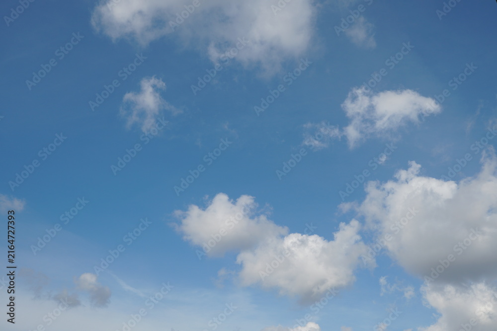 Fototapeta premium White fluffy clouds in the sky. Blue sky and cloud cover on a sunny summer day. Empty background, copy space