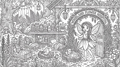 Woodland flower hospital scene with a fairy nurse, animal patients in small beds, and shelves stocked with healing potions and medicinal herbs