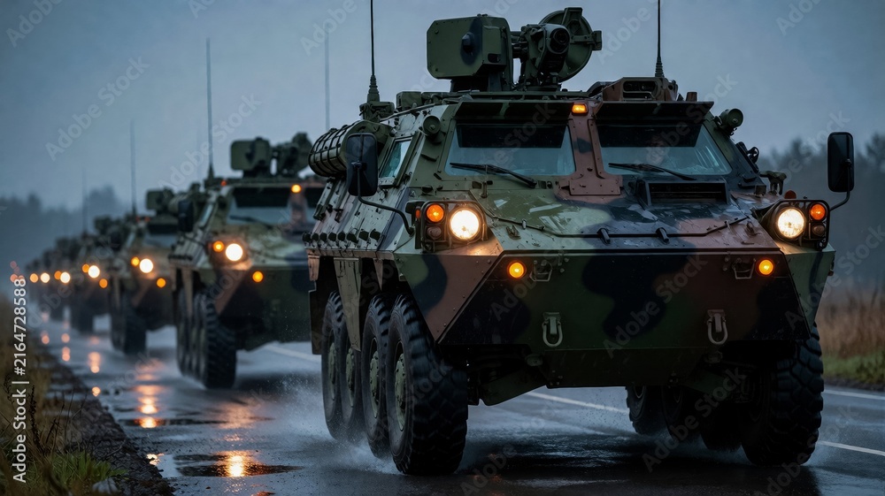 Fototapeta premium Military Convoy of Armored Personnel Carriers on Wet Road