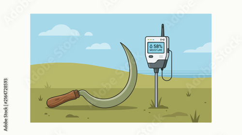 Agriculture sickle and soil moisture sensor tool measuring land health in grassy field