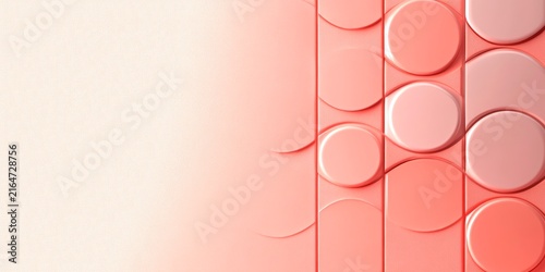 The image features a warm coral pink gradient abstract background, with vertically divided semi-transparent circular three-dimensional raised elements on the right and a clean light beige solid color 