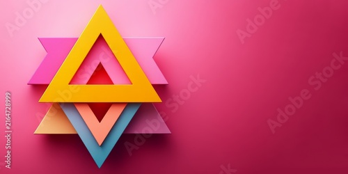 The multi-layered, hollowed-out three-dimensional triangles are stacked in a staggered pattern, presenting a gradient of colors from yellow, pink, light orange, to blue-purple.