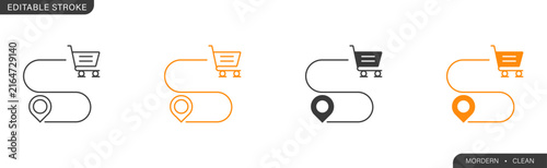 A set of modern shopping cart delivery tracking icons featuring location pin markers and route lines in editable stroke line art and filled vector style variations.