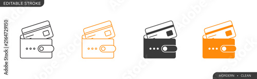 Set of linear and filled wallet icons with credit card for financial, banking, ecommerce, and online payment interface design. Includes editable stroke vector options.