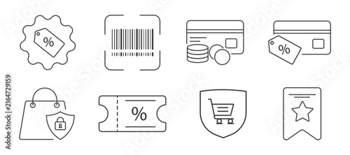 Collection of linear ecommerce icons featuring discount tags, barcode scanner, credit cards, secure shopping bag, coupon voucher, protection shield, and star bookmark.