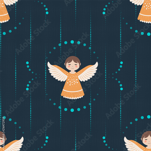Beautiful New Year seamless pattern with little angels, vertical lines, and delicate elements for festive design and packaging