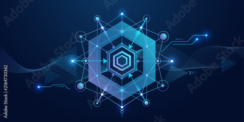 Abstract digital hexagon background with glowing cybernetic technology network elements