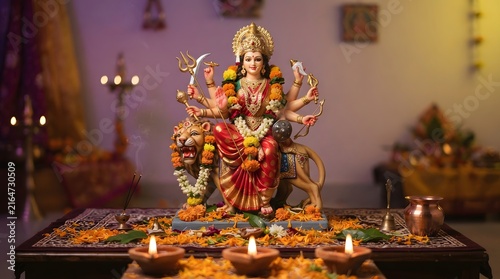 A beautifully decorated idol of goddess durga riding a lion, placed on a table with flowers and oil lamps for navratri worship