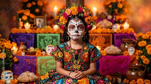 Mexican girl in colorful dress celebrating Day of the Dead ,Hispanic Heritage Celebration Month, Latino Ctivalultural Festival, Cinco de Mayo, Día de los Muertos, Carnaval, Inti Raymi
