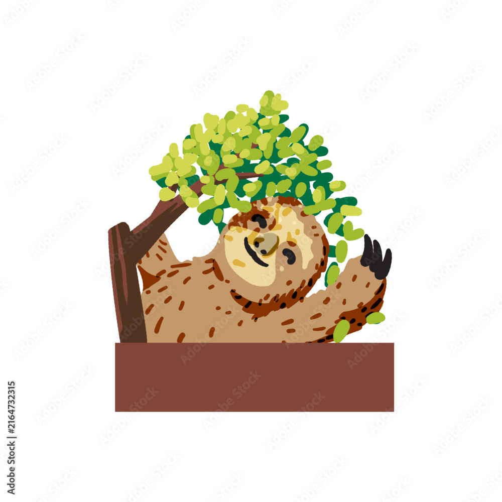 Naklejka premium Hand drawn funny sloth character relaxing under leafy canopy with blank banner space. Sweet tropical wildlife graphic element, ideal for kids room decor, educational poster or invitation.