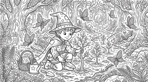 Young wizard planting a magical tree in an enchanted forest coloring page with butterflies, flowers, watering can, basket, and lush vegetation