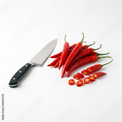 Kitchen knife lying next to pile of whole and sliced red chili peppers on white surface. Sharp metal blade with wooden handle near spicy cut vegetables.