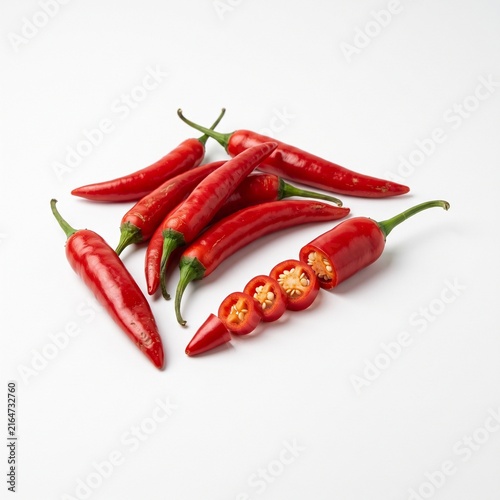 Fresh red chili peppers isolated on white background depicting organic harvest group shot culinary ingredient cooking seasoning spicy hot vegetable spice.